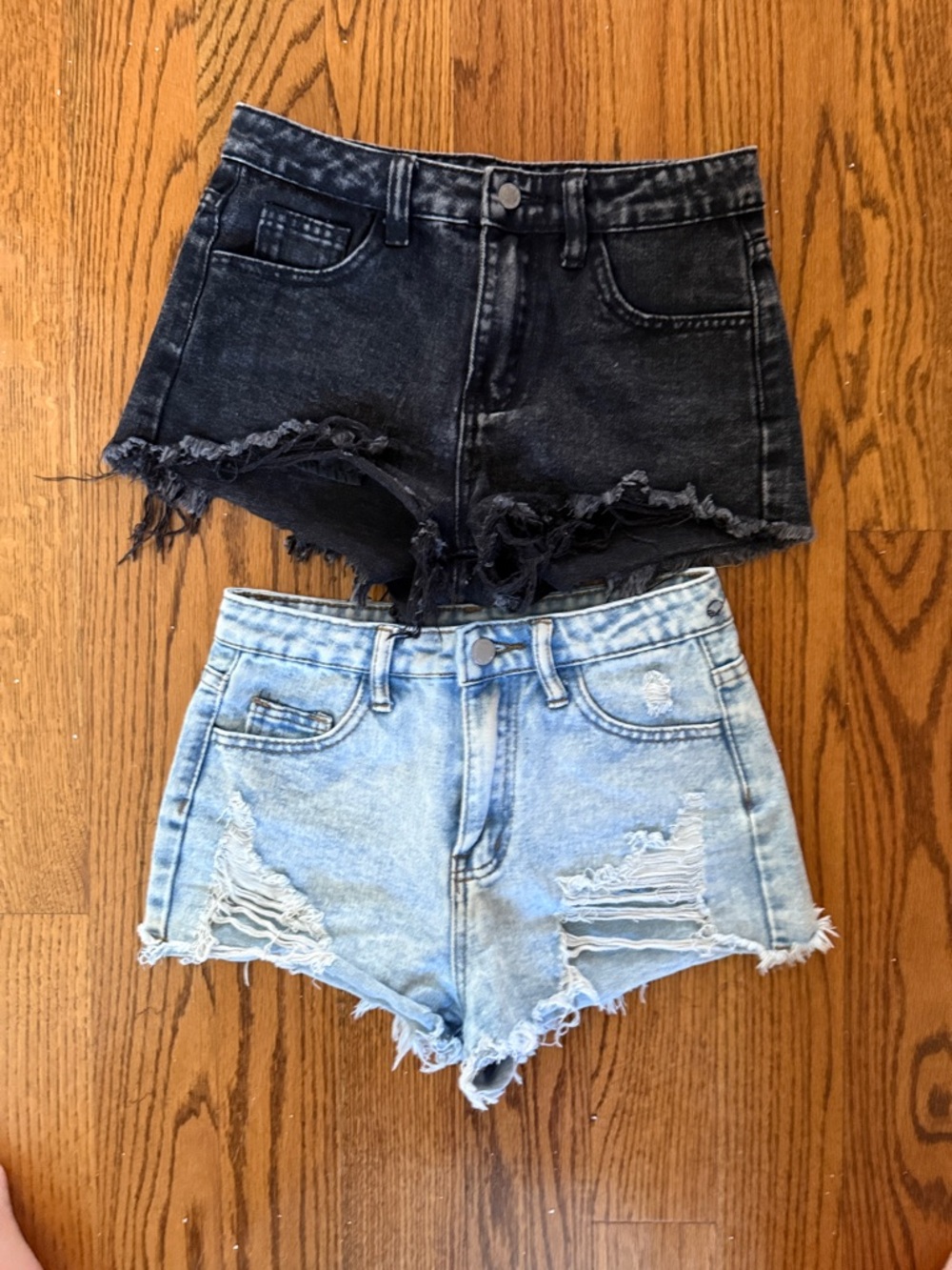 SHEIN Distressed High-Rise Denim Shorts - Black & Light Blue